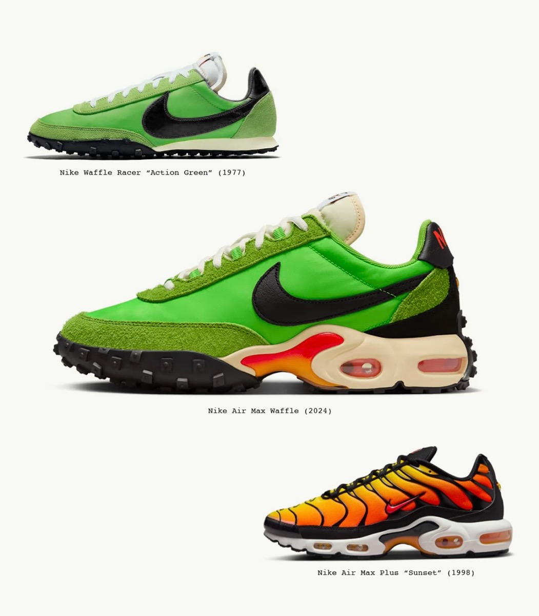 Nike Air Max Waffle SP „Action Green“ FV6946-301 Colorway Kombination Sunset Waffle Trainer